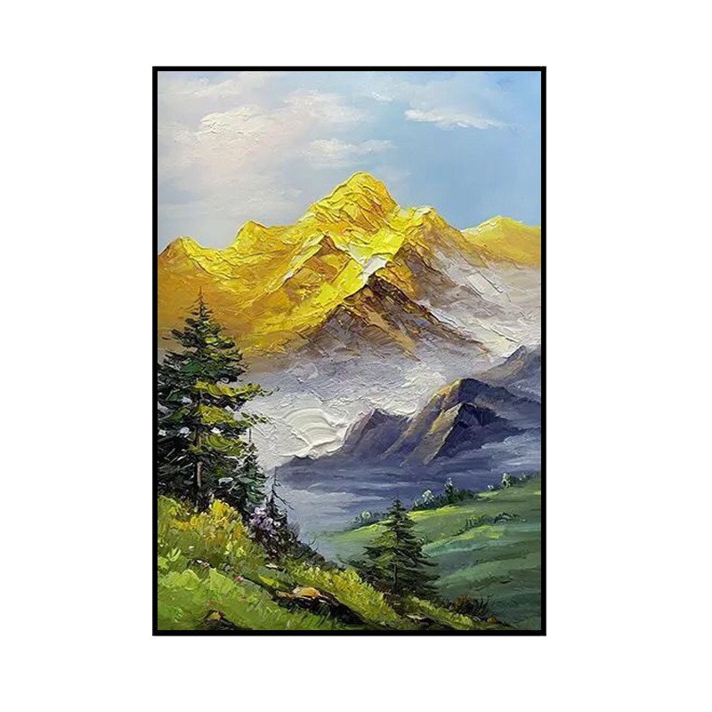 纯手绘油画日照金山客厅玄关落地装饰画手工绘制背有靠山成品挂画图5