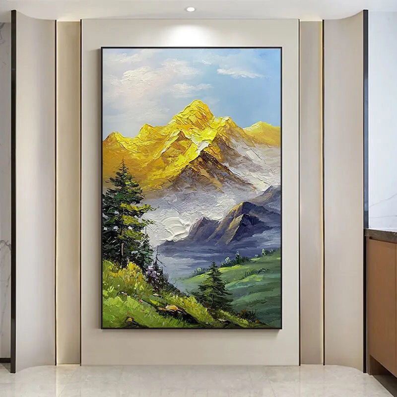 纯手绘油画日照金山客厅玄关落地装饰画手工绘制背有靠山成品挂画图3