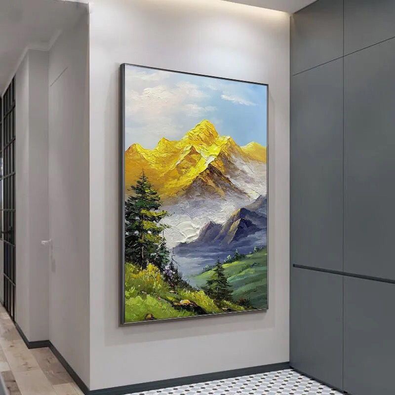 纯手绘油画日照金山客厅玄关落地装饰画手工绘制背有靠山成品挂画图2