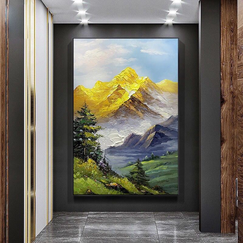 纯手绘油画日照金山客厅玄关落地装饰画手工绘制背有靠山成品挂画图4