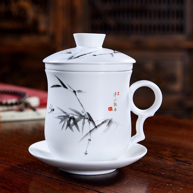 德化陶瓷过滤茶杯带盖茶水分离泡茶马克杯周年纪念会议杯图4