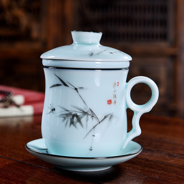 德化陶瓷过滤茶杯带盖茶水分离泡茶马克杯周年纪念会议杯图3