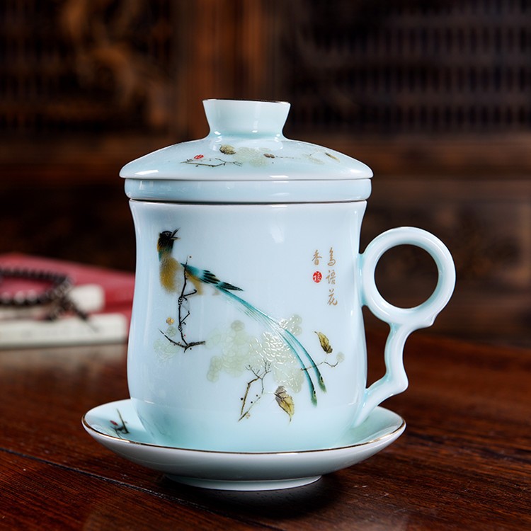 德化陶瓷过滤茶杯带盖茶水分离泡茶马克杯周年纪念会议杯图2